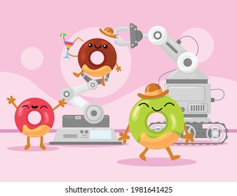 Happy colorful glazed doughnuts in production. Cartoon vector illustration. Mechanized robot in factory creating colorful donuts with hats, cocktail. Production, dessert, food, eating, fantasy concept