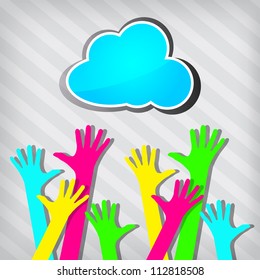 happy colorful hands with blue cloud on a striped background
