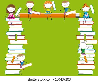 Happy colorful kids on many colorful books