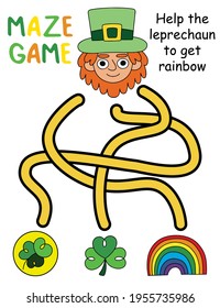 Happy colorful maze game with leprechaun stock vector illustration - printable activity page for kids with three tangled ways vertical worksheet. Help the leprechaun to get rainbow - educational game