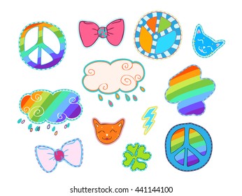 Happy colorful patches collection: Cute stars, rainbow, clouds, love and peace symbol, cats, four-leaved clover, decorative elements... Hand drawn vector Illustration, retro style.