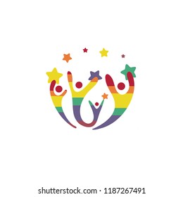 Happy colorful people grabbing stars: it can convey values such as teamwork, "unity makes strength", achieving a goal/dream or simply happiness.