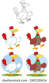 Happy Colorful Rooster Walking And Waving. Vector Collection Set