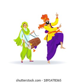 Happy colorful Sikh couple, bearded man in turban dancing bhangra, joyful young lady in green Punjabi suit playing dhol drum at festival, wedding, party.Isolated cartoon characters on white background