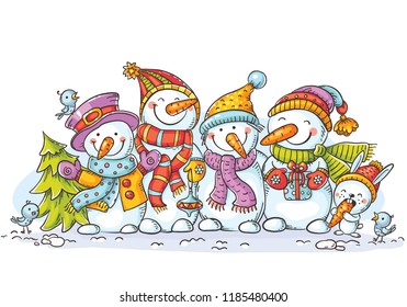 Happy colorful snowmen with Christmas ornaments, greeting card, vector illustration, colorful