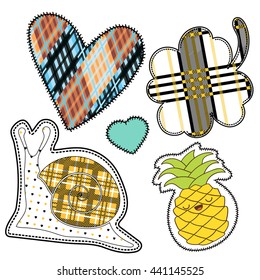 happy colorful stickers and embroidery patches collection vintage style. Pin trendy label patch sticker clover, snail, pineapple, heart vector illustration decoration.