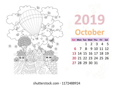 Happy coloring page. Calendar for 2019, october