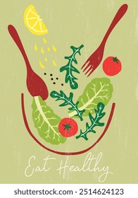 A happy, colourful and healthy salad bowl. Salad being tossed. Eat Healthy poster