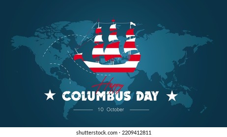 Happy Columbus Day, 10th October is a national holiday in America. The backdrop world map and blue background vector illustration.