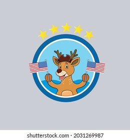 Happy Columbus Day America With Cute Deer And Bring Flags, Circle Label, Cartoon, Mascot, Animals, Character, Vector and Illustration