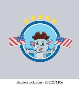 Happy Columbus Day America With Cute Rhinoceros And Bring Flags, Circle Label, Cartoon, Mascot, Animals, Character, Vector and Illustration