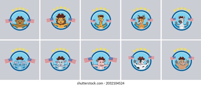 Happy Columbus Day America With Cute Animals And Bring Flags, Circle Label, Cartoon, Mascot, Animals, Character, Vector and Illustration