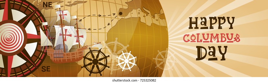 Happy Columbus Day America Discover Holiday Poster Greeting Card Retro World Map Horizontal Banner Flat Vector Illustration