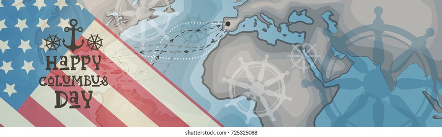 Happy Columbus Day America Discover Holiday Poster Greeting Card Retro World Map Horizontal Banner Flat Vector Illustration