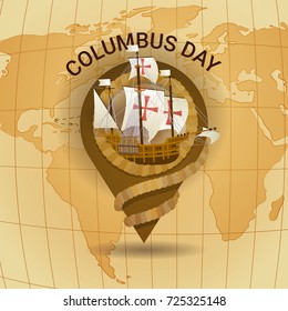 Happy Columbus Day America Discover Holiday Poster Greeting Card Retro World Map Flat Vector Illustration