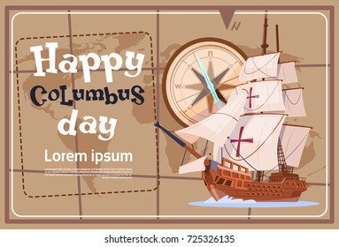 Happy Columbus Day America Discover Holiday Poster Greeting Card Flat Vector Illustration