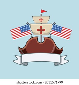 Happy Columbus Day America With Hat and Flags , celebration holiday poster, Vector and Illustration.