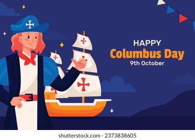 Happy Columbus day background. Columbus day celebration. October 9. Vector illustration for Poster, Banner, Greeting Card, Flyer, Card, Cover, Template. Christopher Columbus. usa flag. compass.