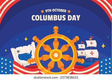 Happy Columbus day background. Columbus day celebration. October 9. Vector illustration for Poster, Banner, Greeting Card, Flyer, Card, Cover, Template. Christopher Columbus. usa flag. compass.