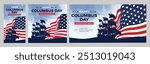 Happy Columbus day background with USA Flag and Sillhouette of Ship. Old marine navy vessel, America flag color combination, celebrate Christopher Columbus discover the America.