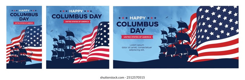 Happy Columbus Tag Hintergrund mit USA Flagge und Sillhouette von Ship. Alte Marine Schiff, Amerika Flagge Farbkombination, feiern Christoph Kolumbus entdecken Sie das Amerika.