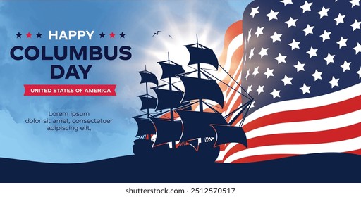 Happy Columbus Tag Hintergrund mit USA Flagge und Sillhouette von Ship. Alte Marine Schiff, Amerika Flagge Farbkombination, feiern Christoph Kolumbus entdecken Sie das Amerika.