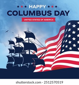 Happy Columbus day background with USA Flag and Sillhouette of Ship. Old marine navy vessel, America flag color combination, celebrate Christopher Columbus discover the America.