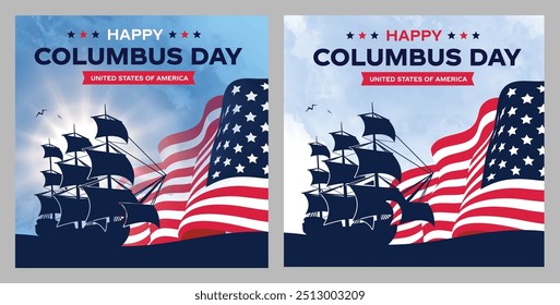 Happy Columbus Tag Hintergrund mit USA Flagge und Sillhouette von Ship. Alte Marine Schiff, Amerika Flagge Farbkombination, feiern Christoph Kolumbus entdecken Sie das Amerika.