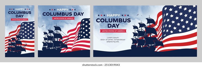 Happy Columbus day background with USA Flag and Sillhouette of Ship. Old marine navy vessel, America flag color combination, celebrate Christopher Columbus discover the America.