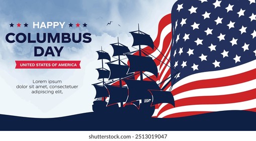 Happy Columbus Tag Hintergrund mit USA Flagge und Sillhouette von Ship. Alte Marine Schiff, Amerika Flagge Farbkombination, feiern Christoph Kolumbus entdecken Sie das Amerika.