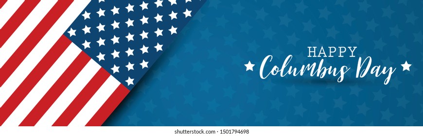 Happy Columbus Day banner or header with a USA flag and typography. United States national October holiday. Vector illustration.