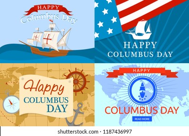 Happy columbus day banner set. Flat illustration of happy columbus day vector banner set for web design