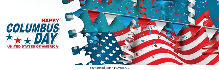 Happy Columbus Day banner with USA flag and blue, red, and white ringlets. United States National holiday advertisment header design. Vector illustration.