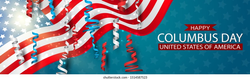 Happy Columbus Day banner with USA flag and blue, red, and white ringlets. United States National holiday advertisment header design. Vector illustration.