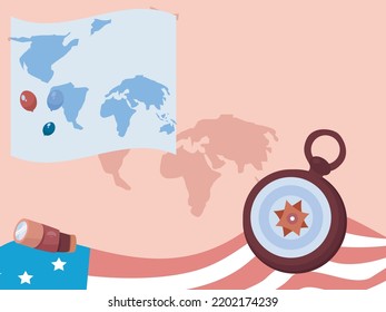 happy columbus day card map navigation tools cartoons, with flag america discovery celebration 