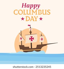 Feliz Dia de Colombo cartão. Navio à vela no oceano com texto, ondas e pôr do sol. Ilustração vetorial.