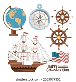 happy columbus day celebration with sailboat and set icon