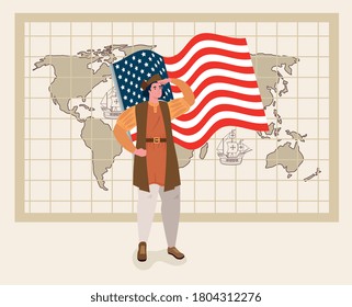 Happy Columbus Day, With Christopher Columbus, Flag Usa And World Map Vector Illustration Design