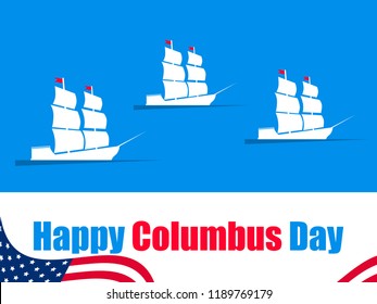 Happy Columbus Day, the discoverer of America, waves and ship, holiday banner. Sailing ship with masts. Vector illustration