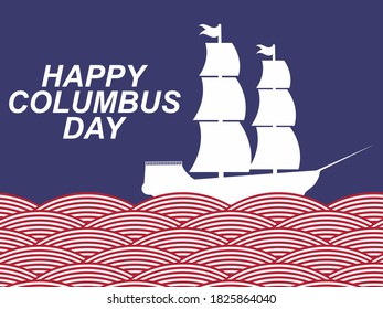 Happy Columbus Day. Discoverer of America. Sailing ship sails on waves of striped ribbons. Paper cut style. Vector illustration
