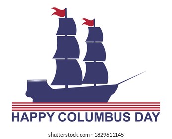 Happy Columbus Day. Discoverer of America. Sailing ship on  striped ribbon. Paper cut style. Vector illustration