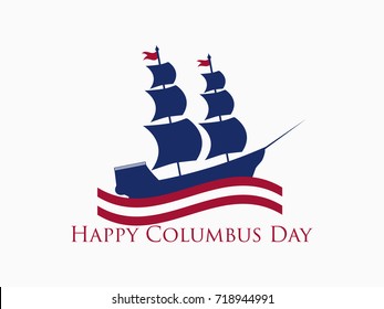Happy Columbus Day, the discoverer of America, waves and ship, holiday banner. Sailing ship with masts. Vector illustration