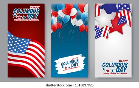 Happy Columbus Day flyer or brochure set. Background design with USA national flag and blue, white, and red balloons. Vector illustration.