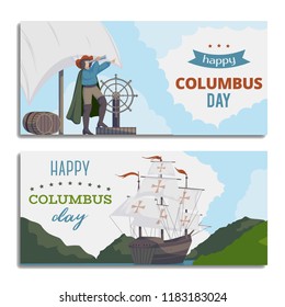 Happy Columbus day.  Greeting card with ship, landscape and seaman with telescope. Horizontal banners for national day. Vector illustration 