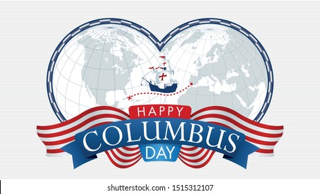 HAPPY COLUMBUS DAY Greeting card. Map of America and Europe with blue frame and a caravel in the middle on white background. Vector image