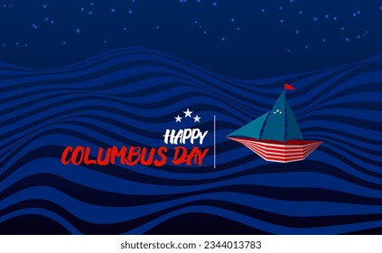 HAPPY COLUMBUS DAY Greeting card. Background open space blue waves and USA flags symbolic color. Vector image. Suitable to place on content with that theme.