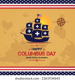 HAPPY COLUMBUS DAY Greeting card. On Maps textured background.