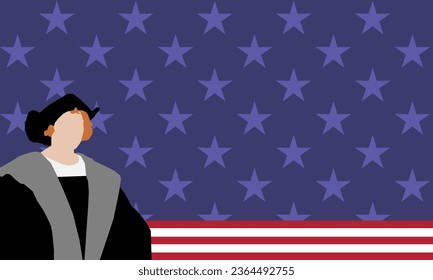 Happy Columbus Day Greeting Card with waving flag usa and vector background illustration Christopher Columbus silhouettes for banners, posters, social media feeds