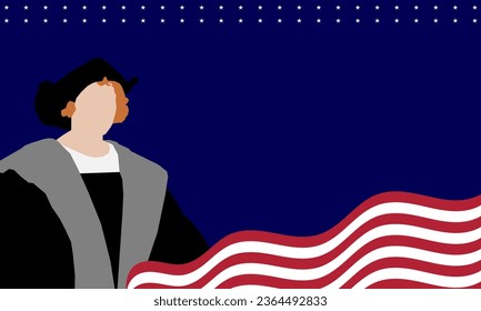 Happy Columbus Day Greeting Card with waving flag usa and vector background illustration Christopher Columbus silhouettes for banners, posters, social media feeds