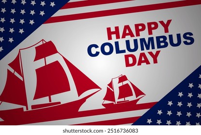 Happy Columbus Day Greeting Card with flag and Boat Silhouette